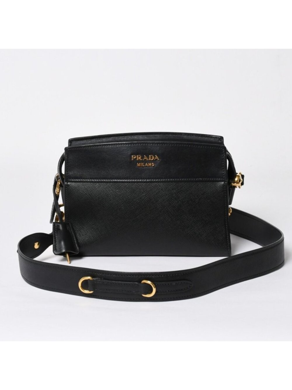 Prada Saffiano Shoulder Bag Black Gold Leather